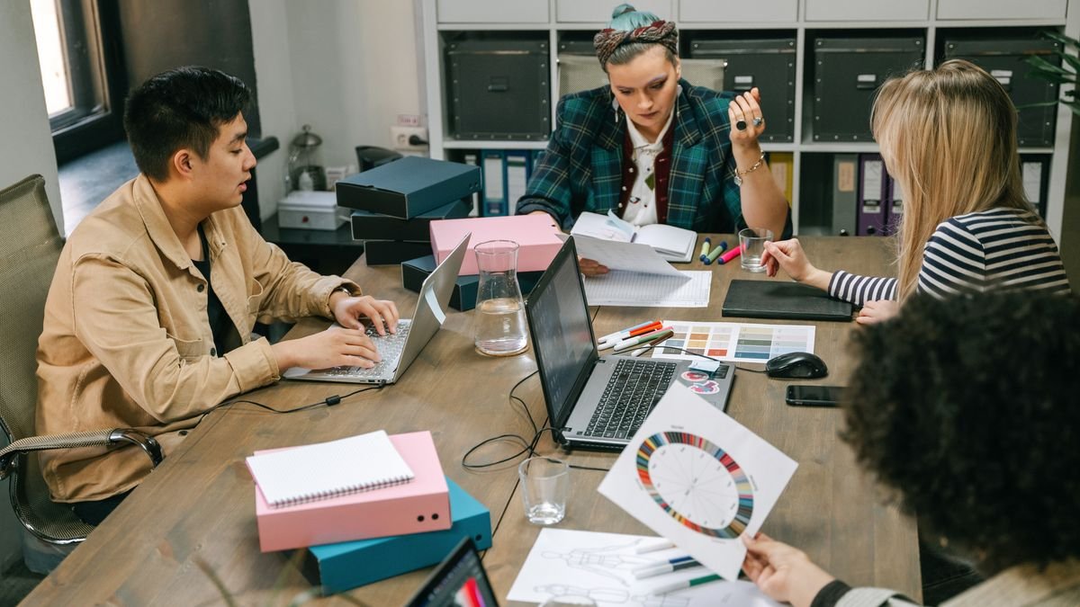 Professional team collaborating together during a planning meeting in an office