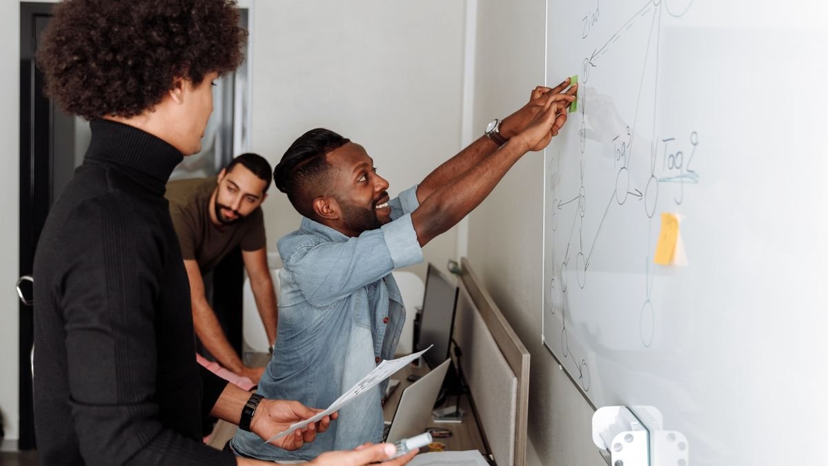 Diverse office team discussing possible solutions at a whiteboard