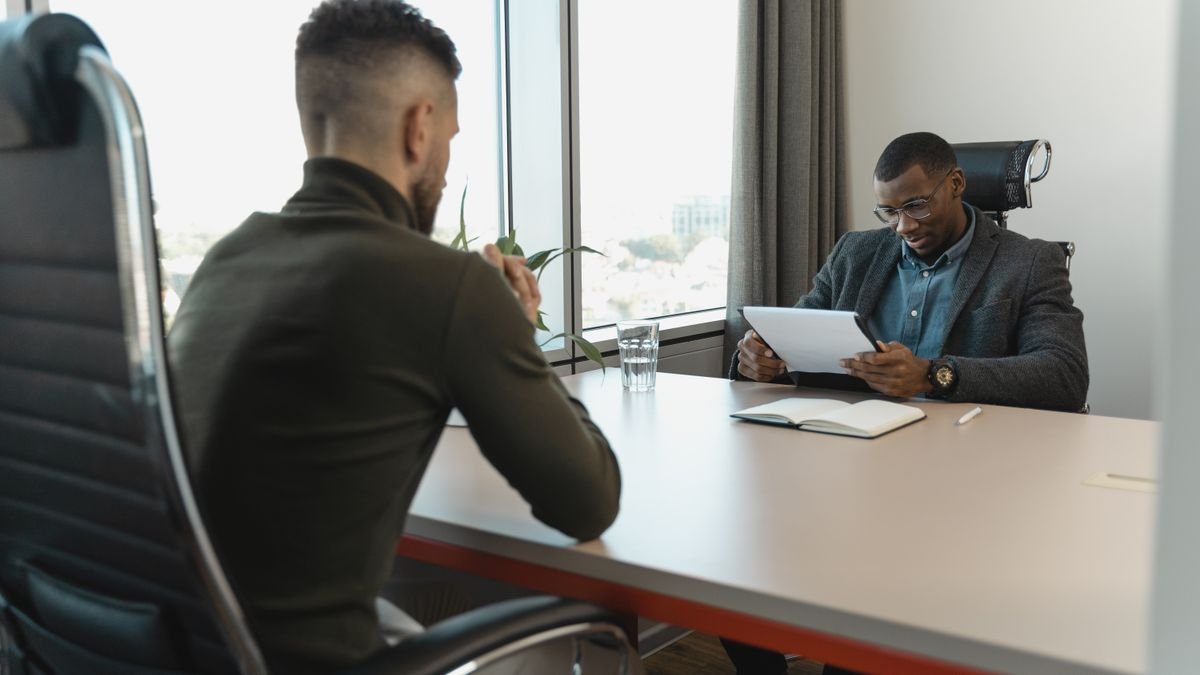 Candidate discussing qualifications during a job interview